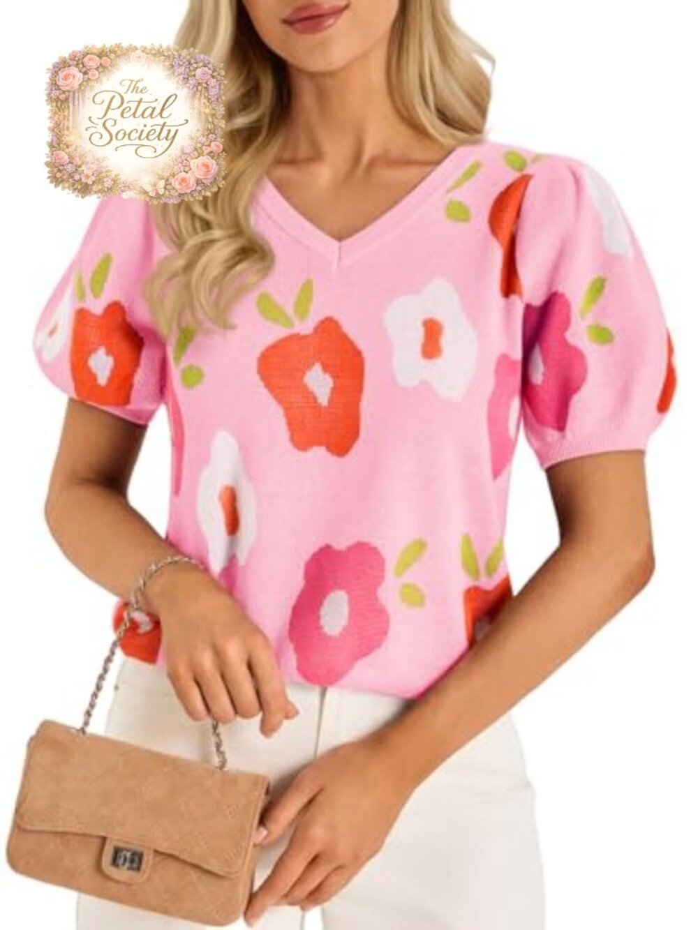 Women's Puff Short Sleeve V Neck Floral Knit Sweater Top